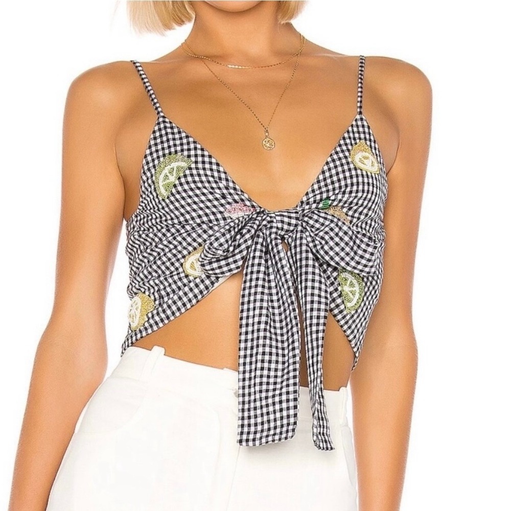 Lovers + Friends Gingham Tie Front Crop Top Womens S Black Beaded Fruit Summer